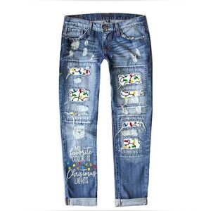 Women's Blue Distressed Jeans with Colorful Embroidery
